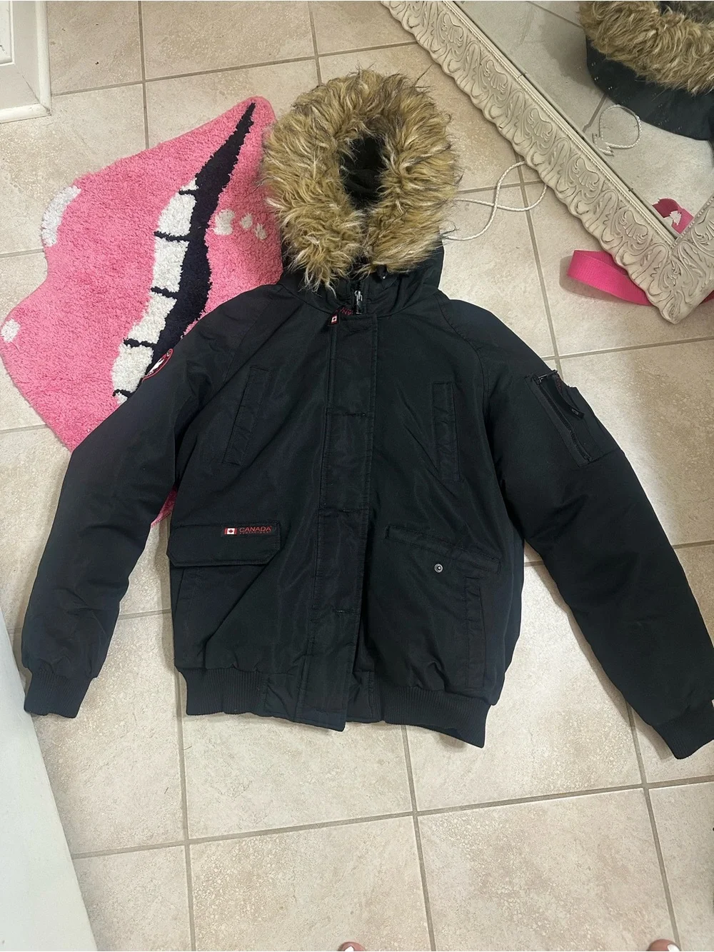 Canada Weather Gear Black Parka Jacket with Faux Fur Trim